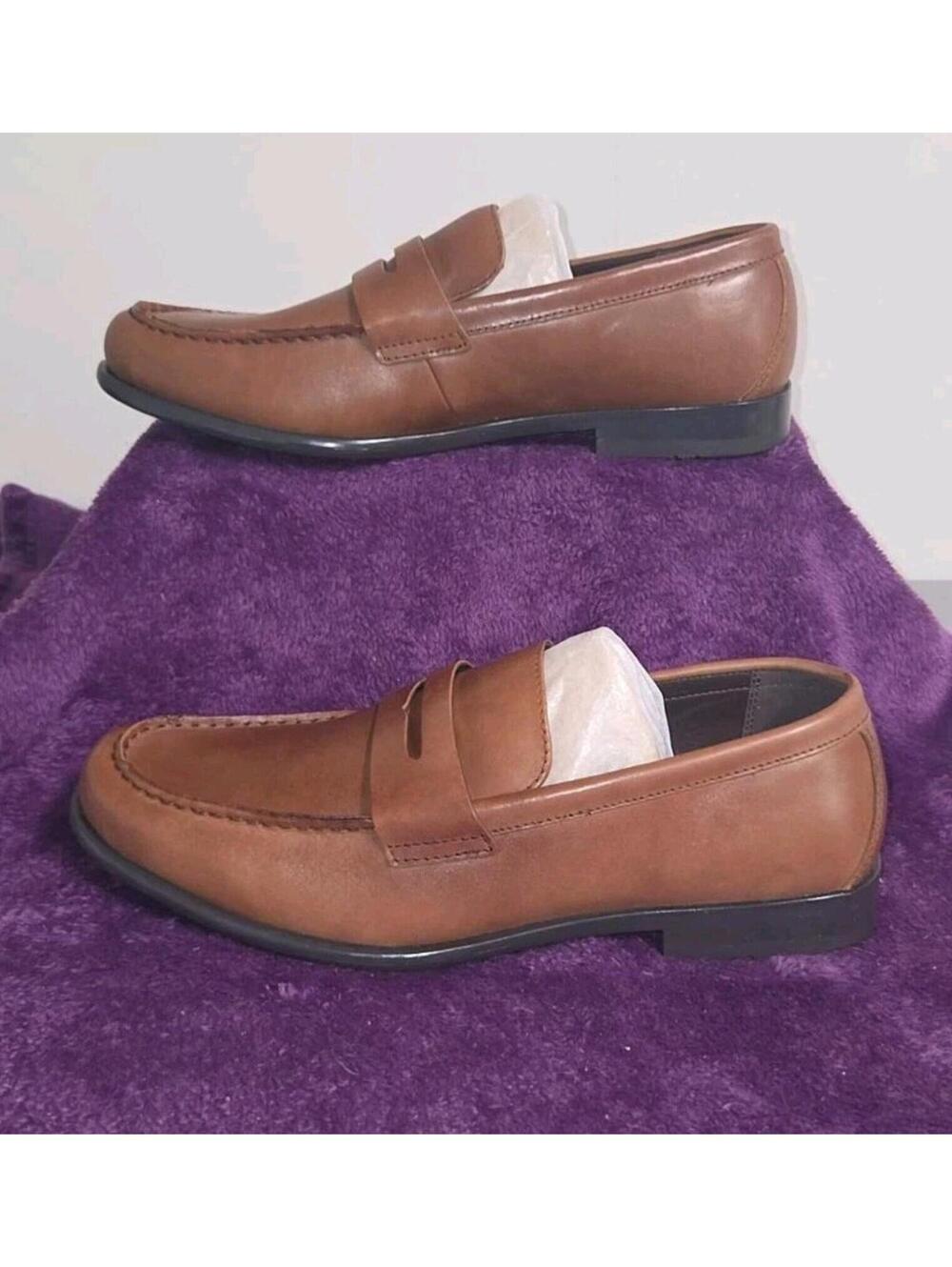 CALVIN KLEIN Men's Crispo Penny Loafer Leather Brown Dress Shoes Size 11